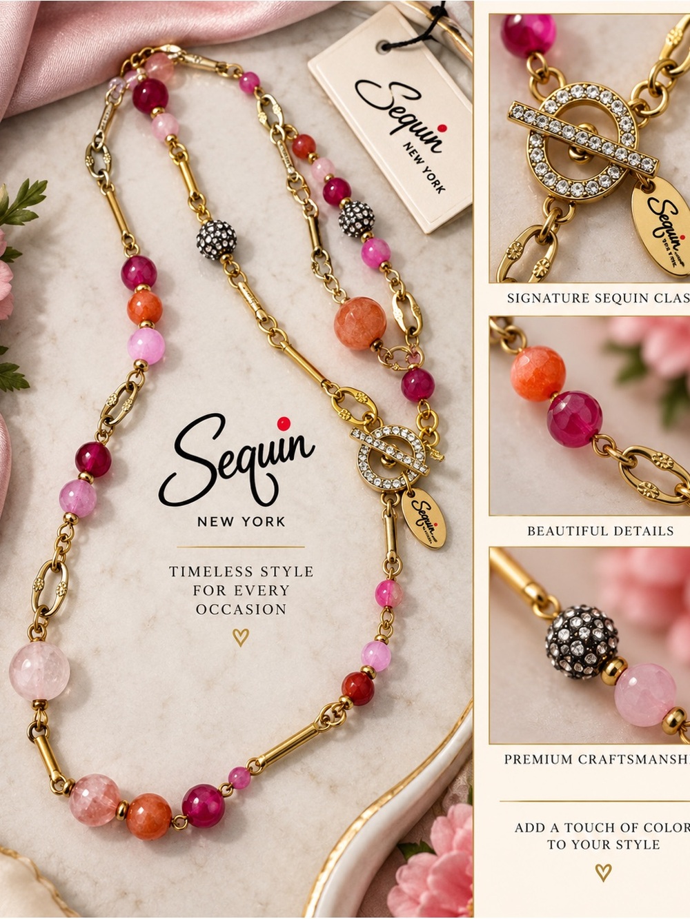 Pink & Coral Beaded Gold Chain Necklace
